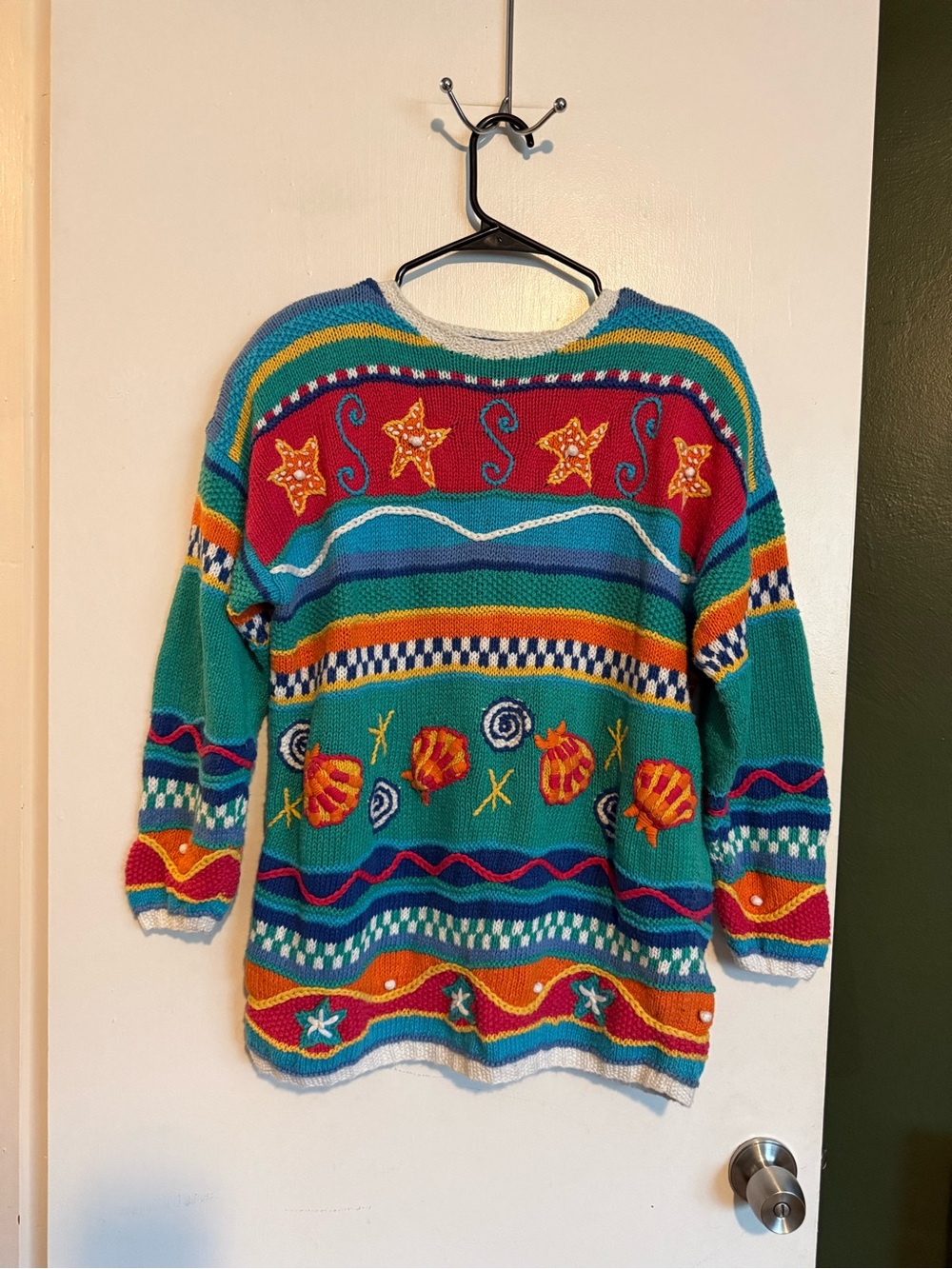 Vintage Talbots hand knit multicolor seashell beach inspired chunky sweater